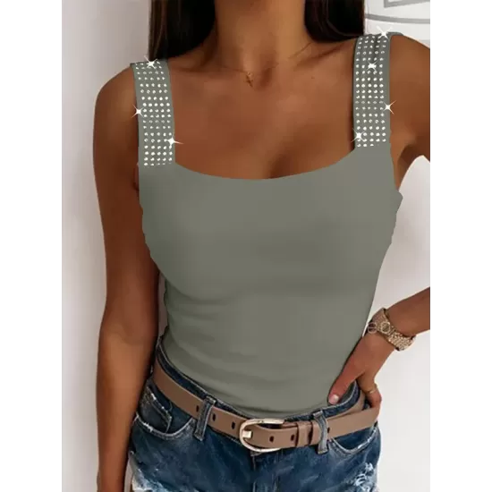 Elasticity Rhinestone Split-Joint Skinny Sleeveless Spaghetti-Neck Vest Top