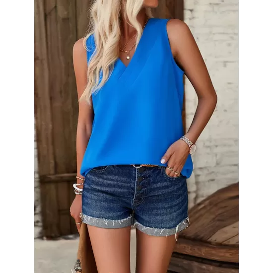 Solid Color Split-Joint Loose Sleeveless V-Neck Vest Top