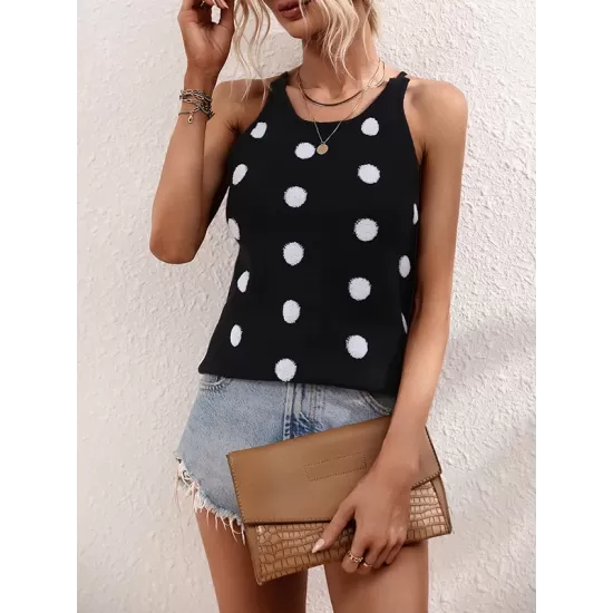 Hollow Polka-Dot High-Low Sleeveless Round-Neck Vest Top