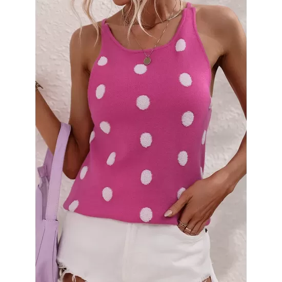 Hollow Polka-Dot High-Low Sleeveless Round-Neck Vest Top