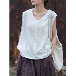 Fringed Pleated Solid Color Split-Joint Loose Sleeveless V-Neck Vest Top