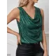 Sequined Shiny Solid Color Split-Joint Loose Sleeveless V-neck Vest Top