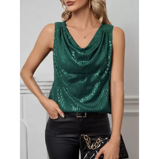 Sequined Shiny Solid Color Split-Joint Loose Sleeveless V-neck Vest Top