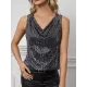 Sequined Shiny Solid Color Split-Joint Loose Sleeveless V-neck Vest Top