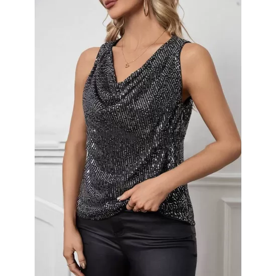 Sequined Shiny Solid Color Split-Joint Loose Sleeveless V-neck Vest Top