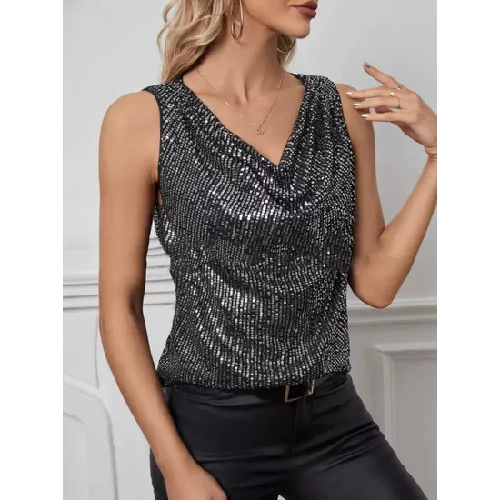 Sequined Shiny Solid Color Split-Joint Loose Sleeveless V-neck Vest Top