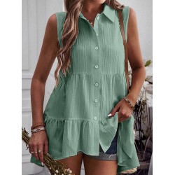 Buttoned Pleated Split-Joint High-Low Loose Lapel Vest Top