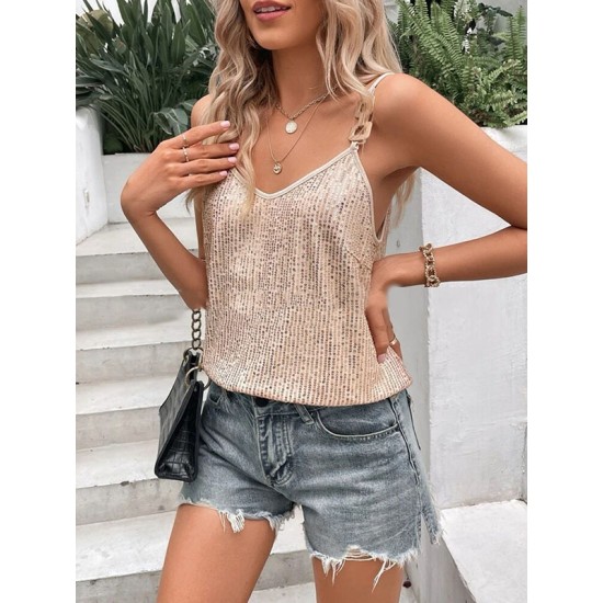 Sequined Split-Joint Loose Sleeveless Spaghetti-Neck Vest Top