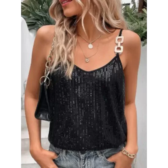 Sequined Split-Joint Loose Sleeveless Spaghetti-Neck Vest Top