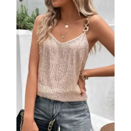 Sequined Split-Joint Loose Sleeveless Spaghetti-Neck Vest Top