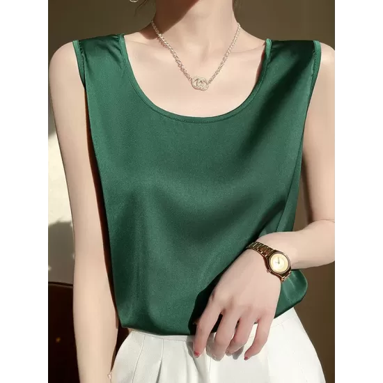 Solid Color Loose Sleeveless Round-Neck Vest Top