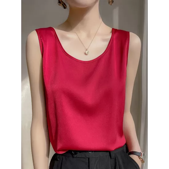 Solid Color Loose Sleeveless Round-Neck Vest Top