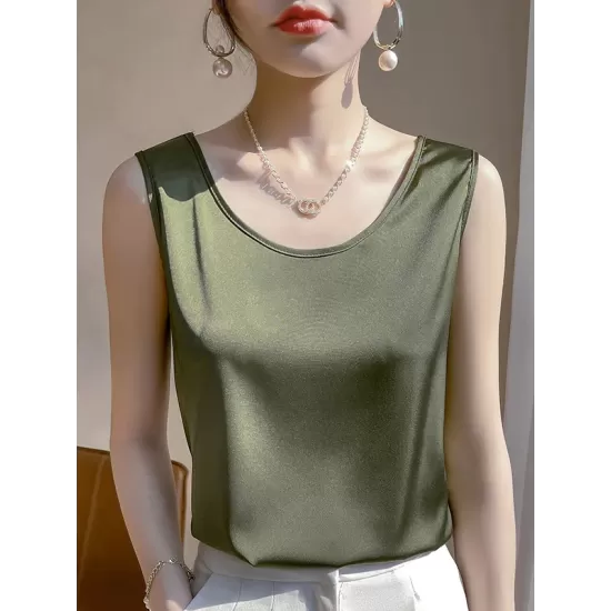 Solid Color Loose Sleeveless Round-Neck Vest Top