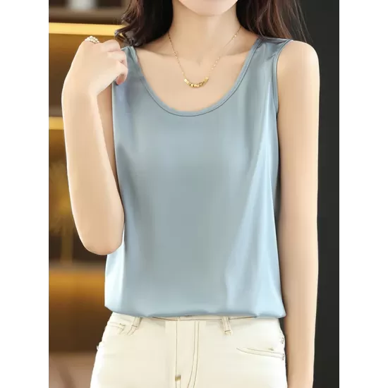 Solid Color Loose Sleeveless Round-Neck Vest Top