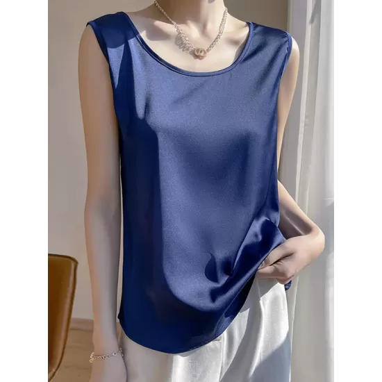 Solid Color Loose Sleeveless Round-Neck Vest Top