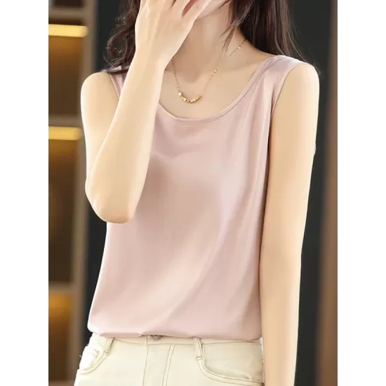 Solid Color Loose Sleeveless Round-Neck Vest Top