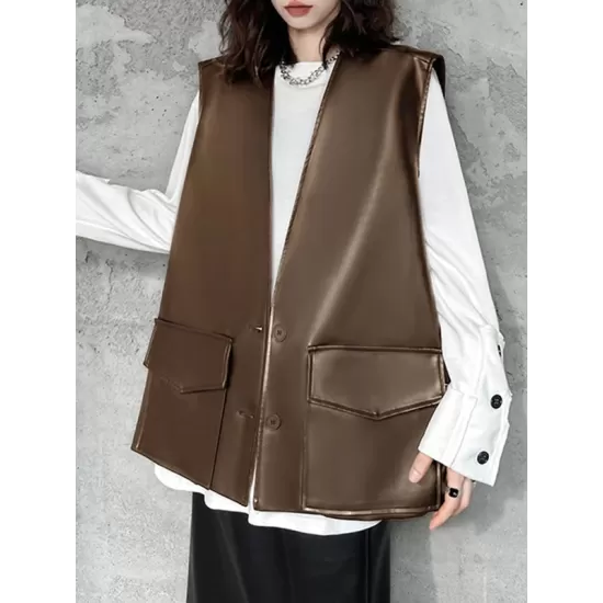 Buttoned Pockets Solid Color Loose Sleeveless V-neck Vest Outerwear