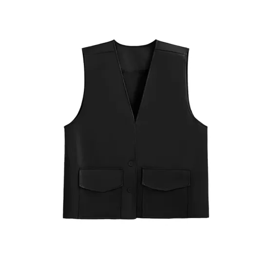 Buttoned Pockets Solid Color Loose Sleeveless V-neck Vest Outerwear