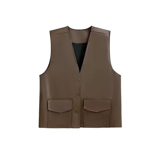 Buttoned Pockets Solid Color Loose Sleeveless V-neck Vest Outerwear