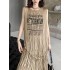 Asymmetric Letter Print Pleated Loose Sleeveless Round-Neck Vest Top