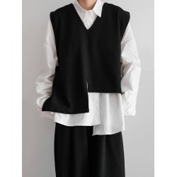 Asymmetric Buttoned Solid Color Loose Sleeveless V-Neck Vest Outerwear