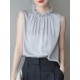 Hollow Pleated Ruffled Solid Color Loose Sleeveless Stand Collar Vest Top