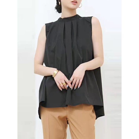 Lace-Up Pleated Solid Color Split-Joint Streamer High-low Loose Stand Collar Vest Top