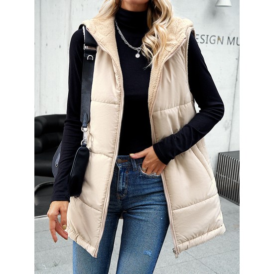 Loose Sleeveless Pockets Quilted Reversible Zipper Hooded Padded Vest Vest Outerwear