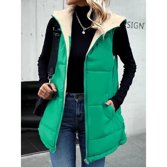 Loose Sleeveless Pockets Quilted Reversible Zipper Hooded Padded Vest Vest Outerwear