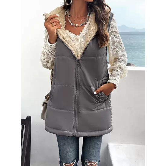 Loose Sleeveless Pockets Quilted Reversible Zipper Hooded Padded Vest Vest Outerwear