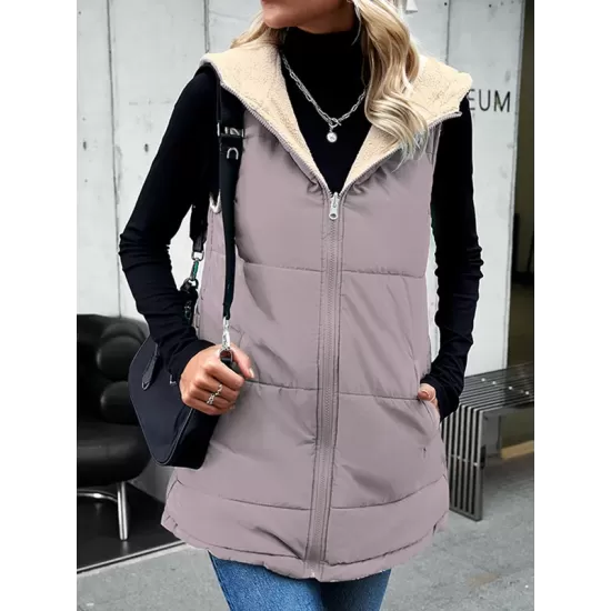 Loose Sleeveless Pockets Quilted Reversible Zipper Hooded Padded Vest Vest Outerwear