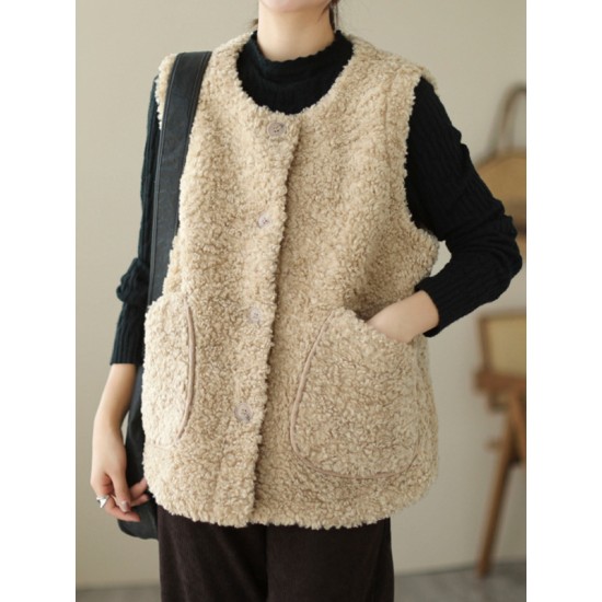 Buttoned Pockets Loose Sleeveless Round-Neck Vest Outerwear