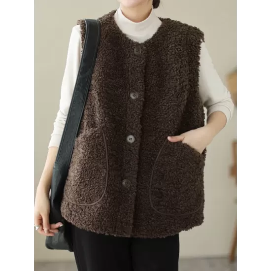 Buttoned Pockets Loose Sleeveless Round-Neck Vest Outerwear