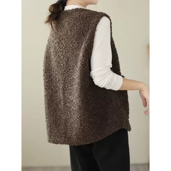 Buttoned Pockets Loose Sleeveless Round-Neck Vest Outerwear