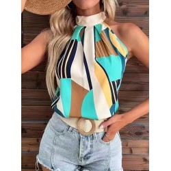 Pleated Printed Loose Sleeveless Halter-Neck Vest Top