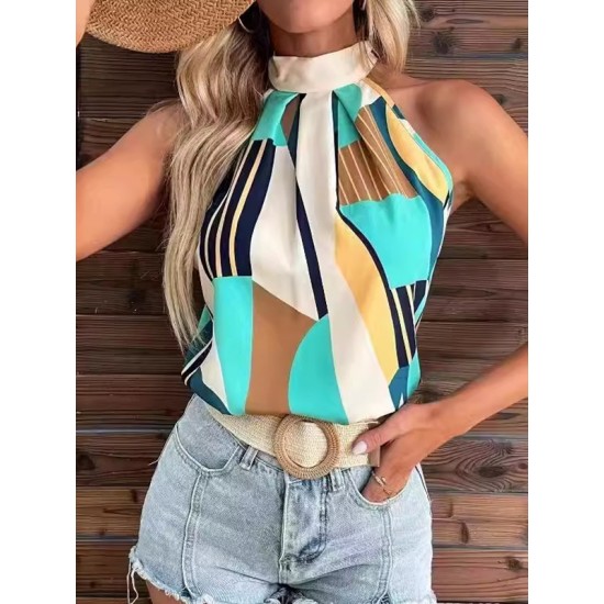 Pleated Printed Loose Sleeveless Halter-Neck Vest Top