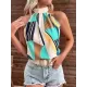 Pleated Printed Loose Sleeveless Halter-Neck Vest Top