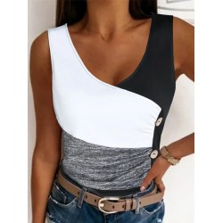 Contrast Color Elasticity Pleated Split-Joint Skinny Sleeveless V-neck Vest Top