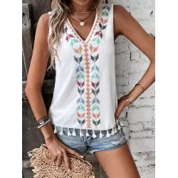 Embroidered Tasseled Loose Sleeveless V-Neck Vest Top