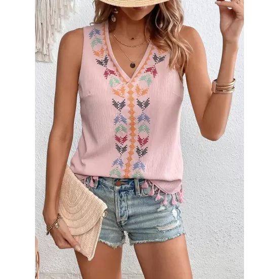 Embroidered Tasseled Loose Sleeveless V-Neck Vest Top