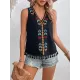 Embroidered Tasseled Loose Sleeveless V-Neck Vest Top