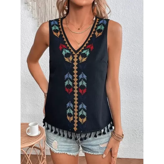 Embroidered Tasseled Loose Sleeveless V-Neck Vest Top