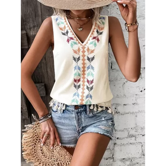 Embroidered Tasseled Loose Sleeveless V-Neck Vest Top