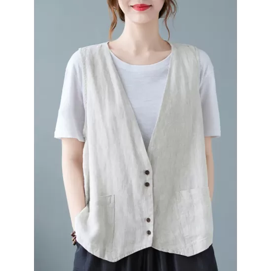 Simple Loose V-Neck Solid Color Vest