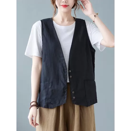 Simple Loose V-Neck Solid Color Vest