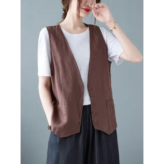 Simple Loose V-Neck Solid Color Vest