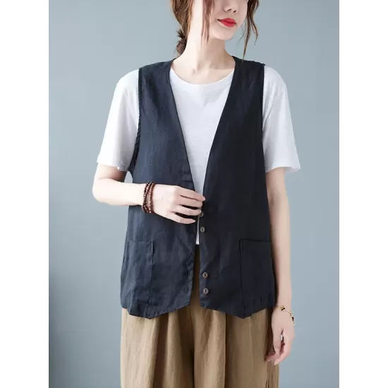 Simple Loose V-Neck Solid Color Vest