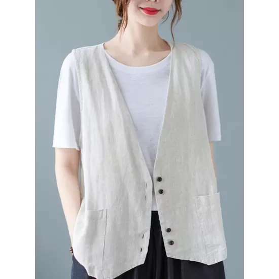 Simple Loose V-Neck Solid Color Vest