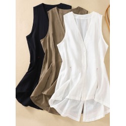 Artistic Retro Loose Ramie Cotton Buttoned Vest Outwear