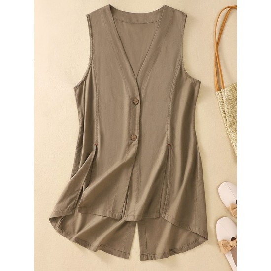 Artistic Retro Loose Ramie Cotton Buttoned Vest Outwear